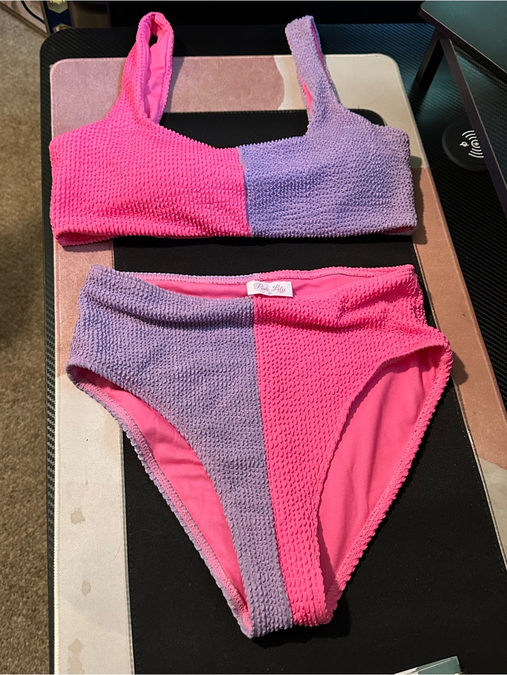 Pink Lily Pink Lavender Crinkle Colorblock Bikini Set